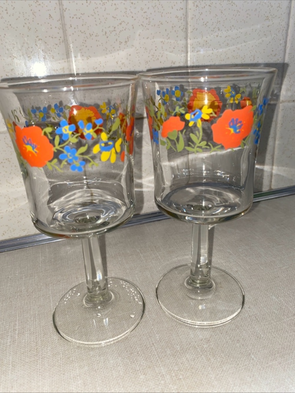 Corelle Vintage WILDFLOWER GOBLETS‎ Wine Glasses Orange Poppy Floral Set Of 2
